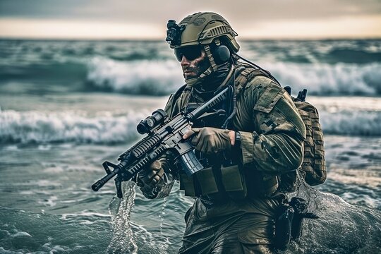 Navy SEAL Emerges from Ocean with AR-15 at Night