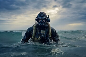 Cutting-edge Navy SEAL emerging from the ocean in tactical gear - Generative AI