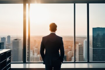 A businessman in a suit stands at panoramic windows, looks at the city from skyscrapers, a view from the back, an unrecognizable face, AI generative.