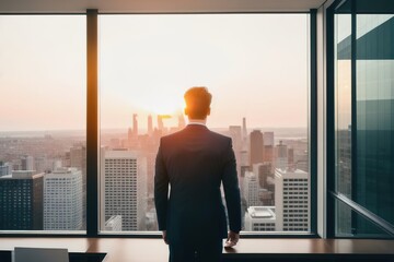 A businessman in a suit stands at panoramic windows, looks at the city from skyscrapers, a view from the back, an unrecognizable face, AI generative.
