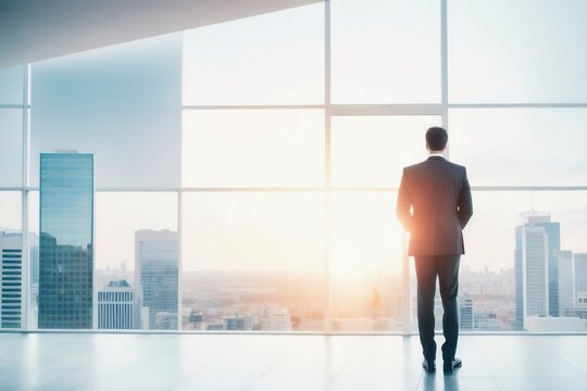 A businessman in a suit stands at panoramic windows, looks at the city from skyscrapers, a view from the back, an unrecognizable face, AI generative.