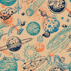 Cosmic space seamless pattern. Abstract ornament of planets, stars, comets, asteroids, galaxies. Hand drawn vector astronomy illustrations. © Olga Sayuk