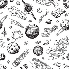 Cosmic space seamless pattern. Abstract ornament of planets, stars, comets, asteroids, galaxies. Hand drawn vector astronomy illustrations. © Olga Sayuk