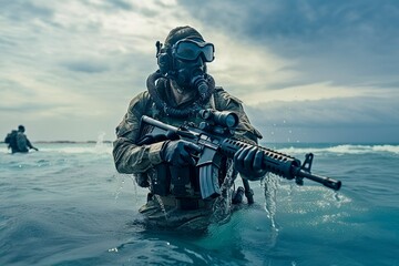 Navy SEAL Emerges from Ocean with AR-15 at Night, Generative AI