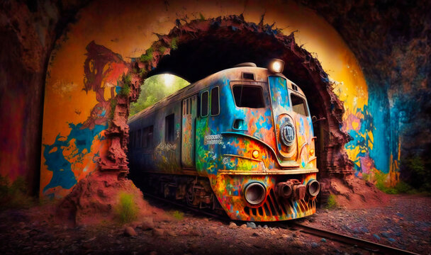 An old, rusty train tunnel covered in graffiti