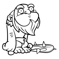 Cartoon illustration of Caveman with bearded face wearing clothes made of animal skin. Carrying a cudgel made from wooden and stone. Best for outline, logo, and coloring book with prehistoric themes