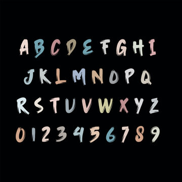 Alphabet capital letters and numbers. Colorful brush effect. Creative cute fonts on black background. Funny design. Vector illustration. 