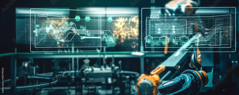 Poster industry 4.0 automation manufacturing process demonstrated by a smart industry robot arm in a digita