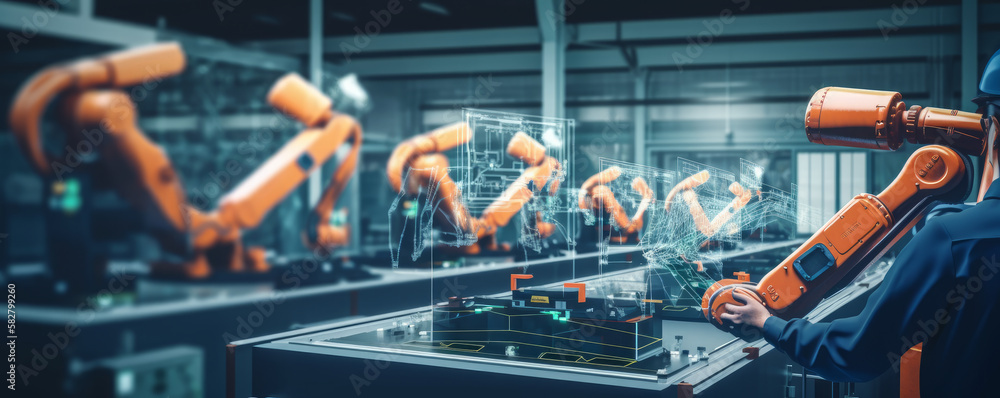 Poster industry 4.0 automation manufacturing process demonstrated by a smart industry robot arm in a digita
