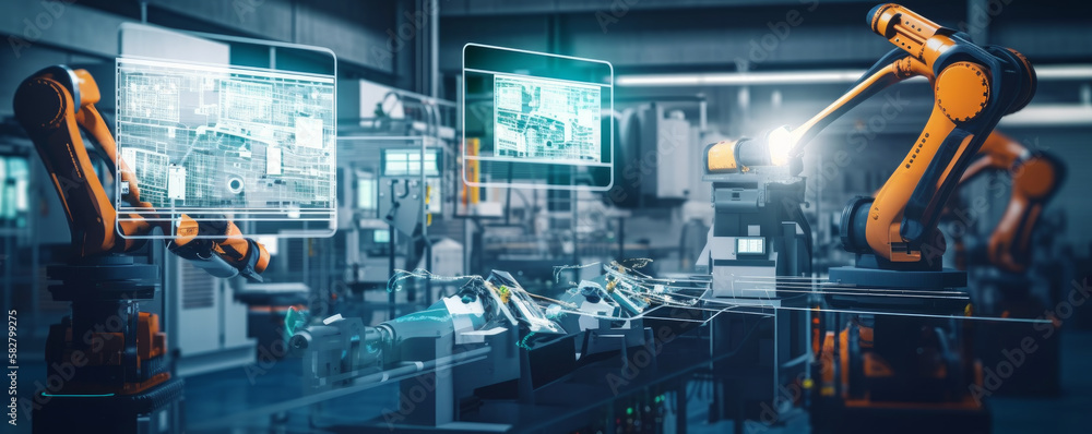 Poster industry 4.0 automation manufacturing process demonstrated by a smart industry robot arm in a digita