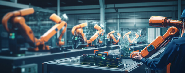 Industry 4.0 automation manufacturing process demonstrated by a smart industry robot arm in a digital factory using IOT software to manage operations. - Generative AI