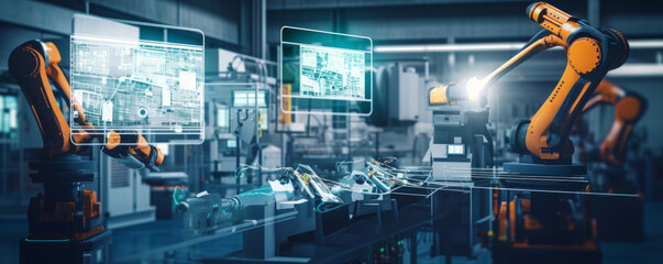 Industry 4.0 automation manufacturing process demonstrated by a smart industry robot arm in a digital factory using IOT software to manage operations. - Generative AI