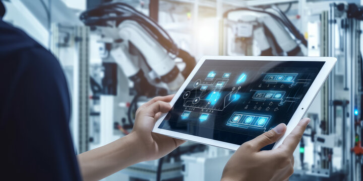 Concept for smart industry control. Tablet in hands with a blurry automation equipment in the backdrop. - Generative AI
