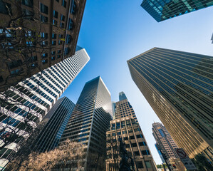 Fototapeta na wymiar Skyscrapers. Reflective skyscrapers, business office buildings. LOW ANGLE VIEW OF skyscrapers AGAINST SKY. Downton San Francisco. 