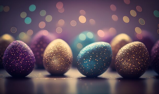  A Group Of Colorful Eggs Sitting On Top Of A Table Next To A Purple And Blue One With Gold Speckles On It's Surface.  Generative Ai