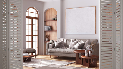 White folding door opening on country japandi living room with sofa and wooden furniture, jute carpet and fabric sofa, boho interior design, architect designer concept