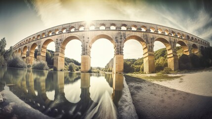 Majestic Legacy: A Panoramic Showcasing the Stunning Pont du Gard, France's Finest Roman Aqueduct