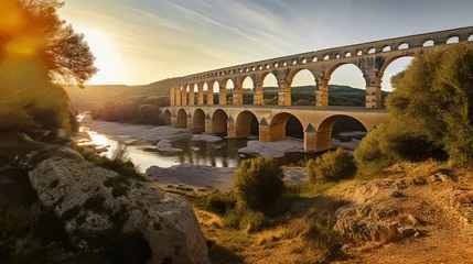 Papier Peint photo autocollant Pont du Gard Majestic Legacy: A Panoramic Showcasing the Stunning Pont du Gard, France's Finest Roman Aqueduct