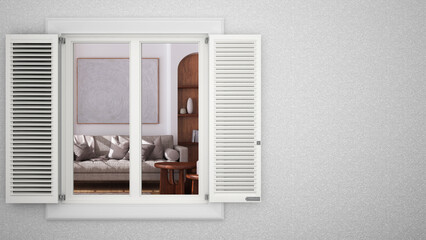 Fototapeta premium Exterior plaster wall with white window with shutters, showing japandi living room in boho style, blank background with copy space, architecture design concept idea, mockup template