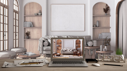 Architect designer desktop concept, laptop on wooden work desk with screen showing interior design project, blueprint draft background, farmhouse living room