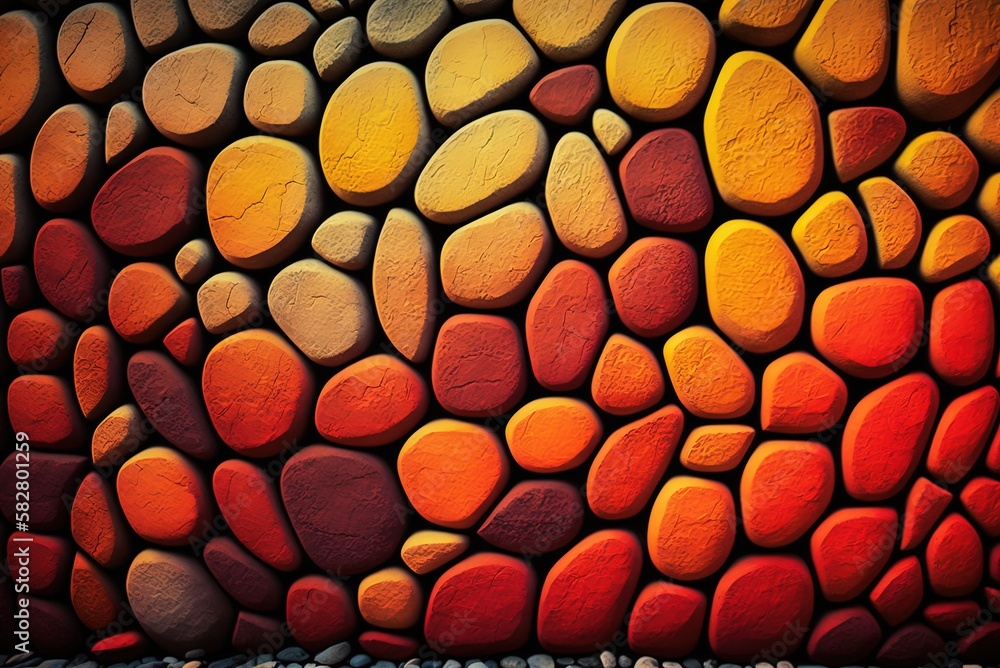 Poster the backdrop texture is an oval wall of cobblestones in reds and oranges. generative ai