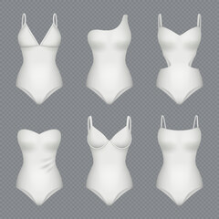 Female swimsuit. Fashioned bodysuit mockup decent vector realistic templates isolated