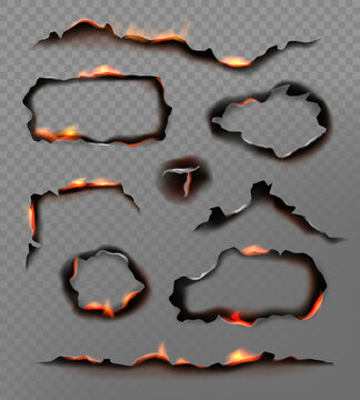 Burning paper edges. Various geometrical burning shapes decent vector realistic pictures set