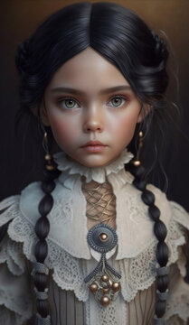 Artistic portrait of a beautiful baby girl, with interesting hair and jewelry, in vintage style. Princesses of different nations. Created using generative artificial intelligence