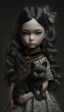 Artistic portrait of a beautiful child, a girl with a small animal in her hands. With interesting hair and jewelry, in vintage style. Princesses of different nations. Created using generative AI