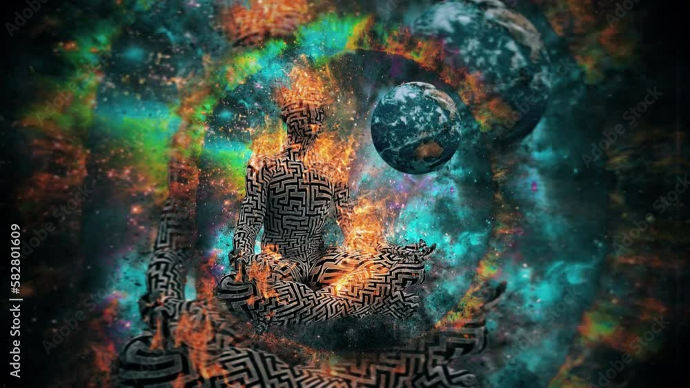 Poster surrealism. burning figure of man with maze pattern in lotus pose. vivid universe on background