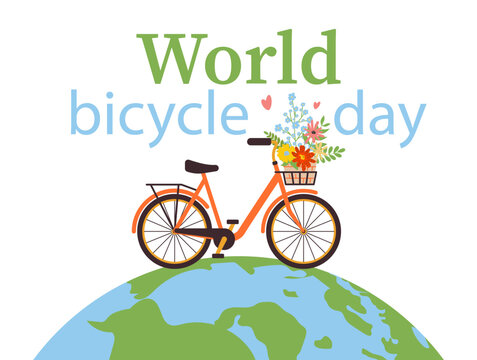 World Bicycle Day. Beautiful bicycle with basket of flowers, globe. Concept of  healthy lifestyle. Safe cycling. Car free day. For poster, banner, background and wallpaper. Vector illustration  