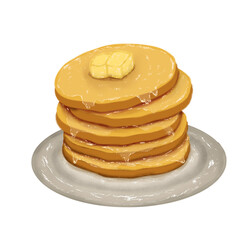 stack of pancakes on a white background, Cartoon pancakes. Stacks of tasty pancakes with maple syrup, butter, fruits and jam. Delicious breakfast food vector illustrations.