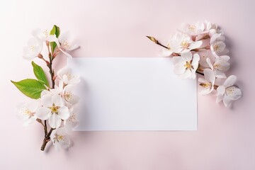 Fototapeta na wymiar un papier blanc horizontal entouré de fleurs avec un angle de tête. Idéal pour la photographie de produits.