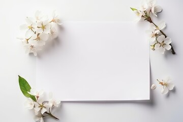 un papier blanc horizontal entouré de fleurs avec un angle de tête. Idéal pour la photographie de produits.