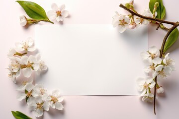 Fototapeta na wymiar un papier blanc horizontal entouré de fleurs avec un angle de tête. Idéal pour la photographie de produits.