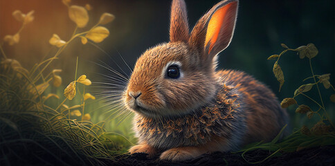 Brown rabbit on a bright sunny day resting on green grass