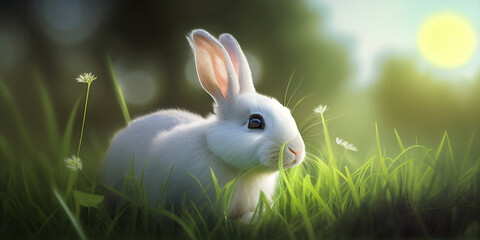 White rabbit on a bright sunny day resting on green grass