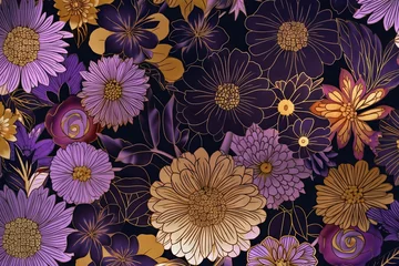 Badezimmer Foto Rückwand Répétition d'un motif textile harmonieux de fleurs roses et dorées violettes aux couleurs vives dans des couleurs et des lignes nettes. © Merilno
