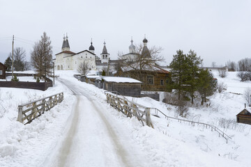 Winter view of the Ferapontov Monastery. Winter landscape with a view of the monastery. Vologda region, Russia.