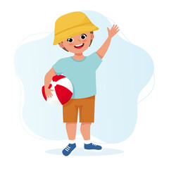 Cute boy in a t-shirt and shorts with the ball. Vector illustration in cartoon flat style