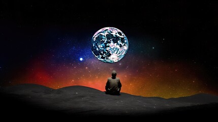 Fototapeta na wymiar Un homme assis seul sur la lune regarde les étoiles colorées de l'univers.