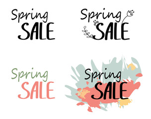 Lettering, spring sale. A handwritten set of isolated vector inscriptions. Stylized phrases, templates for postcards, banners.