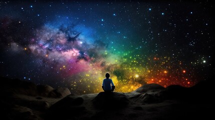 Fototapeta na wymiar Un homme assis seul sur la lune regarde les étoiles colorées de l'univers.