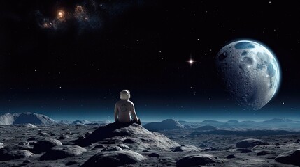 Obraz na płótnie Canvas Un homme assis seul sur la lune regarde les étoiles colorées de l'univers.