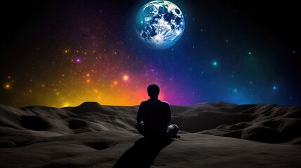 Obraz na płótnie Canvas Un homme assis seul sur la lune regarde les étoiles colorées de l'univers.