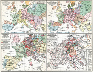Maps of Europe during the Hohenstaufen dynasty, Carolingian dynasty, Age of Enlightenment and Napoleonic Wars. Publication of the book "Meyers Konversations-Lexikon", Volume 2, Leipzig, Germany, 1910