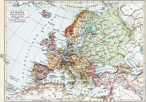 Political map of Europe. Publication of the book "Meyers Konversations-Lexikon", Volume 2, Leipzig, Germany, 1910