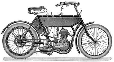 Motorcycle (3 horsepower). Publication of the book "Meyers Konversations-Lexikon", Volume 2, Leipzig, Germany, 1910