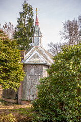 New gothic island chapel church at Englischer Garten Eulbach, vertical shot