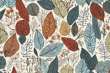 Naklejka na ściany i meble Modèle sans couture de vecteur avec des feuilles de couleur, fond floral avec des herbes de doodle, modèle naturel avec des plantes.